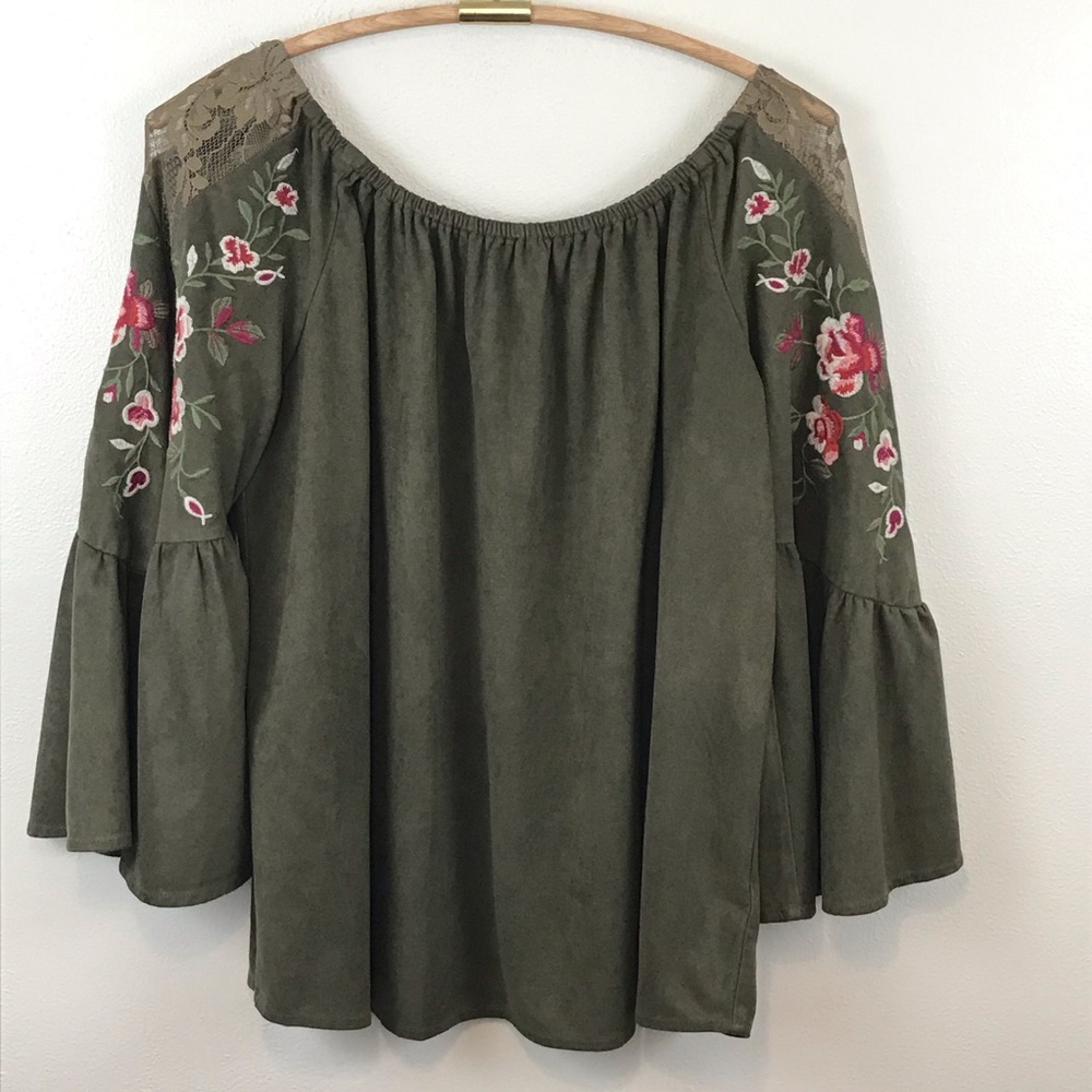 Umgee Faux Suede Top Embroid. Bell Sleeves